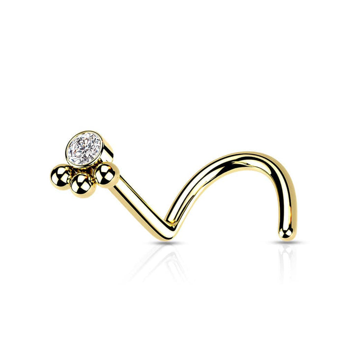 316L Surgical Steel Gold PVD Tribal Ball White CZ Corkscrew Nose Ring Stud - Pierced Universe