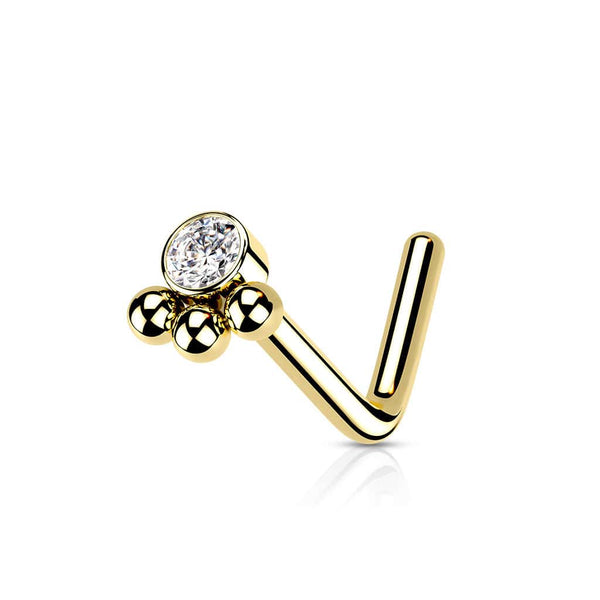 316L Surgical Steel Gold PVD Tribal Ball White CZ L-Shape Nose Ring Stud - Pierced Universe