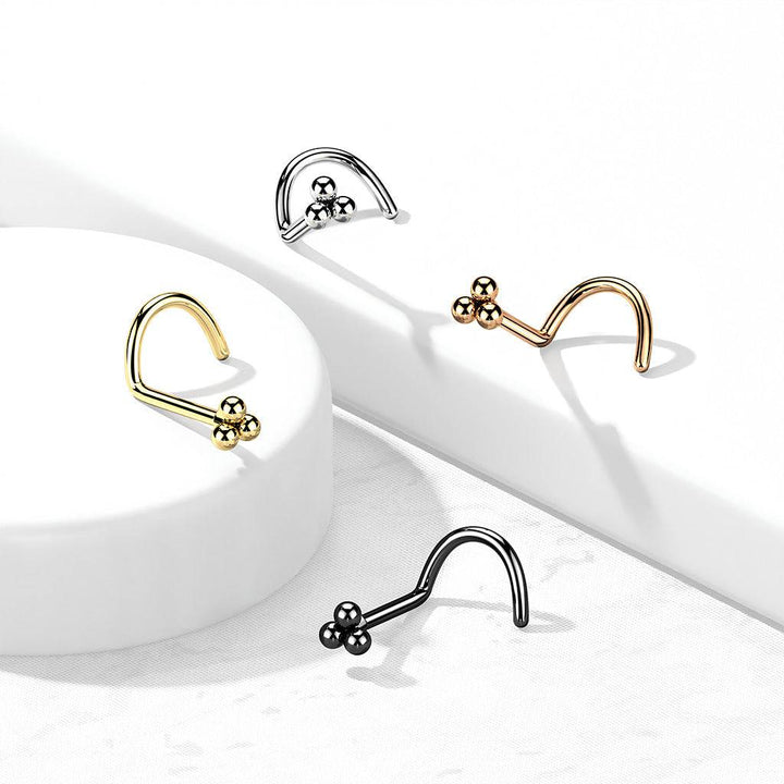 316L Surgical Steel Gold PVD Trillium Ball Top Corkscrew Nose Ring Stud - Pierced Universe