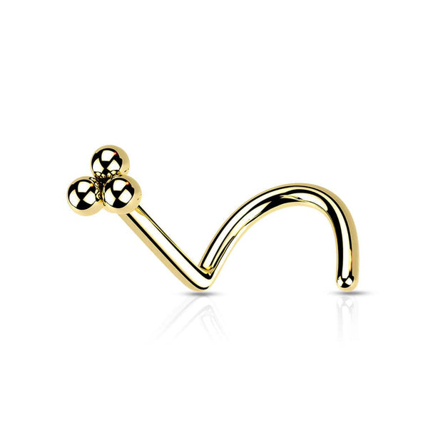 316L Surgical Steel Gold PVD Trillium Ball Top Corkscrew Nose Ring Stud - Pierced Universe