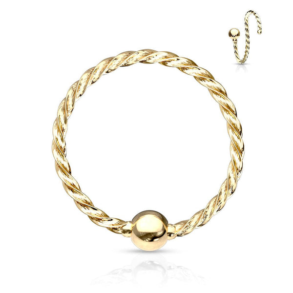 316L Surgical Steel Gold PVD Twisted Rope Nose Hoop Ring with Fixed Ball - Pierced Universe