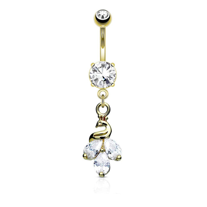 316L Surgical Steel Gold PVD White CZ Peacock Dangle Belly Ring - Pierced Universe