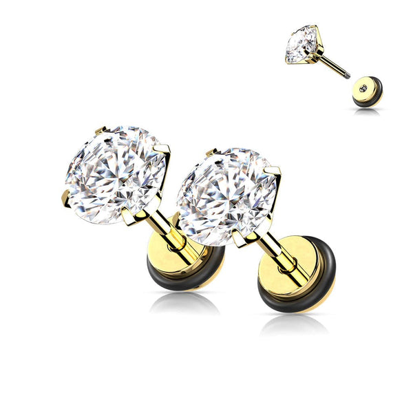 316L Surgical Steel Gold PVD White CZ Round Clawed Fake Plug Earrings - Pierced Universe
