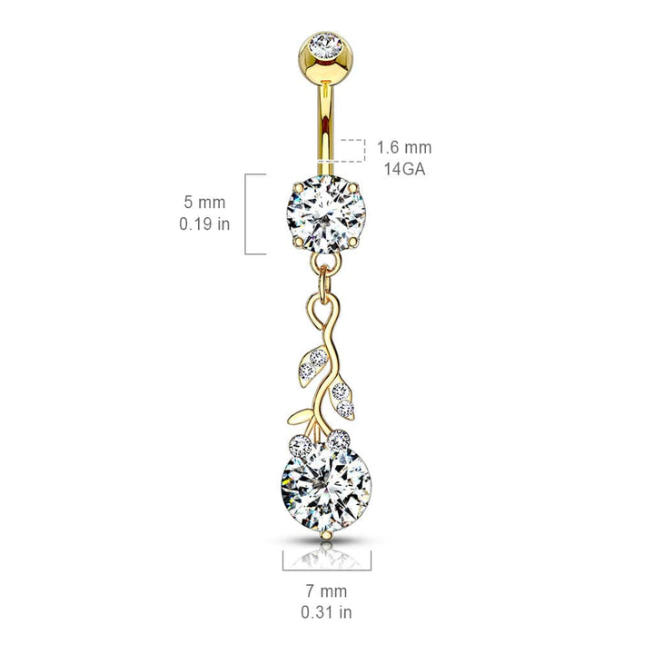 316L Surgical Steel Gold PVD White CZ Vine Dangle Belly Ring - Pierced Universe