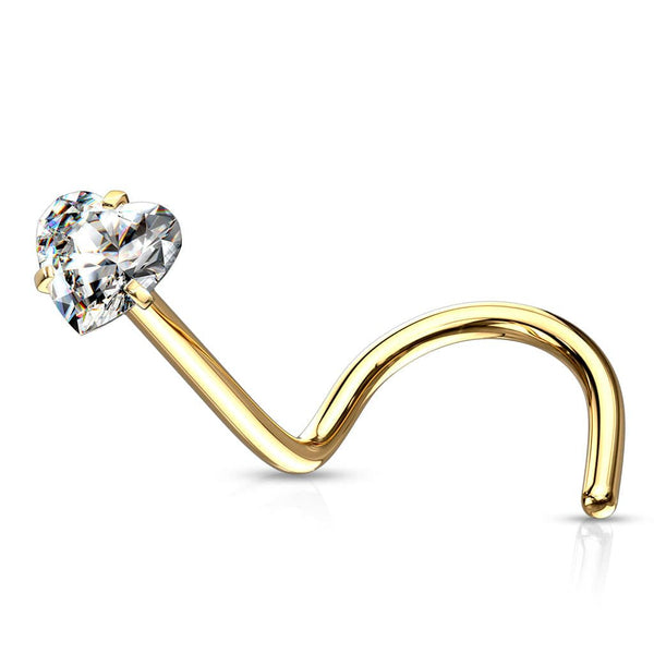 316L Surgical Steel Gold PVD White Heart CZ Corkscrew Nose Pin Ring - Pierced Universe