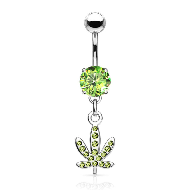 316L Surgical Steel Green CZ Weed Leaf Dangle Belly Ring - Pierced Universe