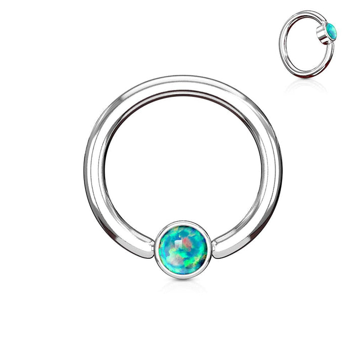 316L Surgical Steel Green Opal Flat Disk Captive Bead Ring Hoop Ring - Pierced Universe