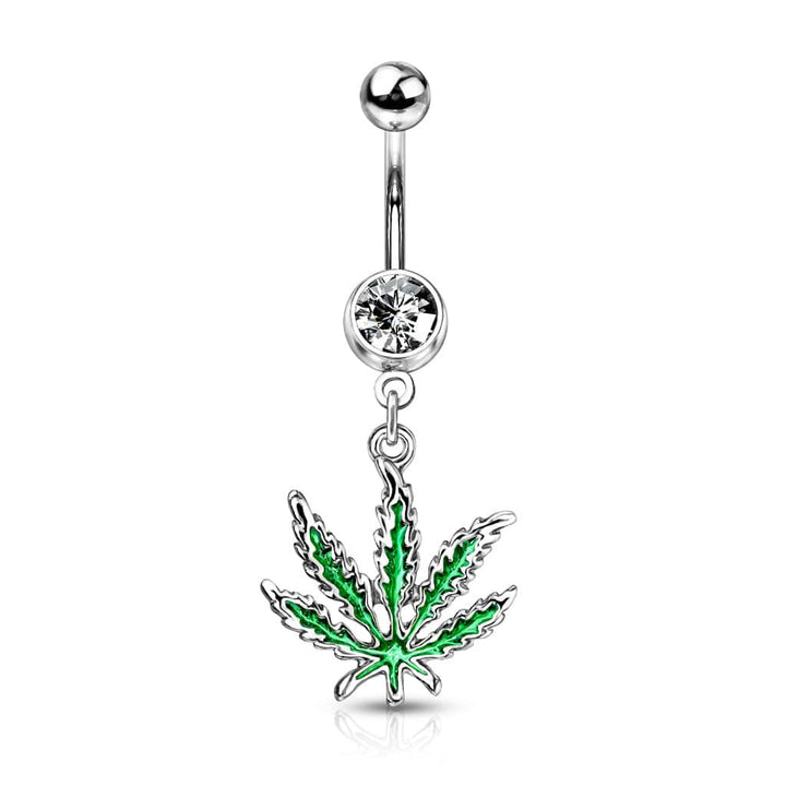 316L Surgical Steel Green PVD Weed Leaf Dangle Belly Ring - Pierced Universe