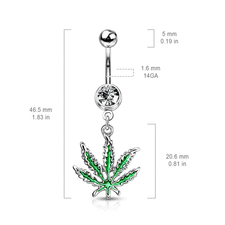 316L Surgical Steel Green PVD Weed Leaf Dangle Belly Ring - Pierced Universe