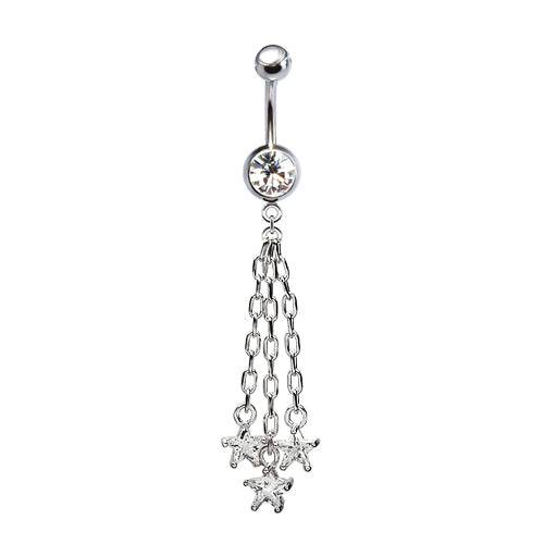 316L Surgical Steel Hanging Chain Triple Star CZ Dangle Belly Ring - Pierced Universe