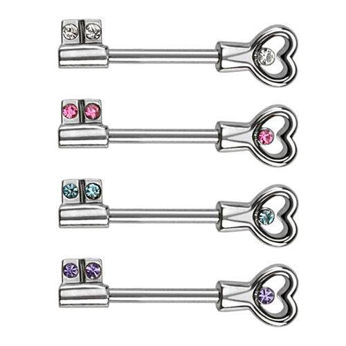 316L Surgical Steel Heart and Key CZ Gems Nipple Ring Barbell - Pierced Universe