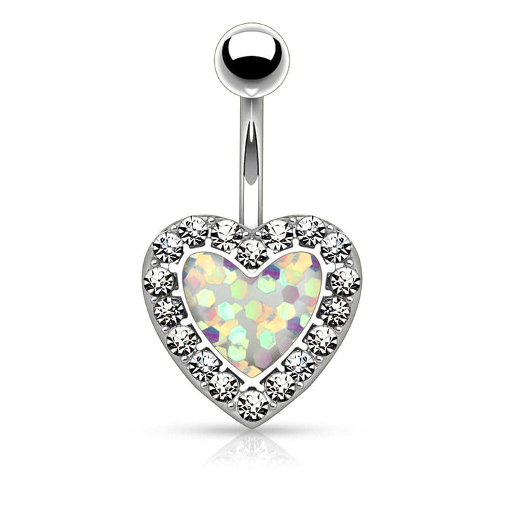 316L Surgical Steel Heart Paved Rim With Opal Glitter Center Belly Ring - Pierced Universe