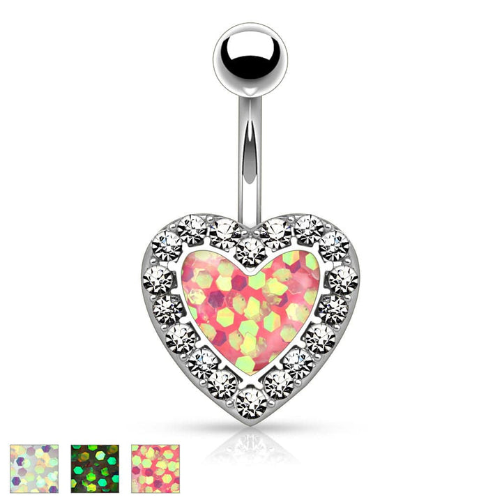 316L Surgical Steel Heart Paved Rim With Opal Glitter Center Belly Ring - Pierced Universe