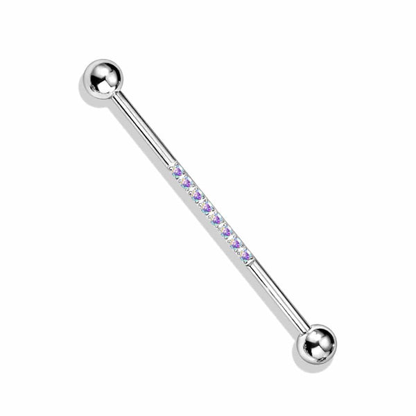 316L Surgical Steel Industrial Straight Barbell With Dainty Aurora Borealis CZ Gems - Pierced Universe