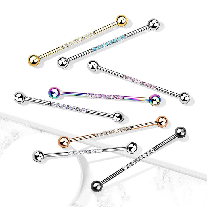 14ga Surgical Steel Straight Industrial Barbell with 3 Prong CZ Gem 14ga Surgical Steel Straight Industrial Barbell with 3 Prong CZ Gem