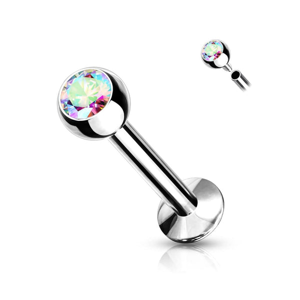 316L Surgical Steel Internally Threaded Aurora Borealis CZ Labret Flat Back 316L Surgical Steel Internally Threaded Aurora Borealis CZ Labret Flat Back