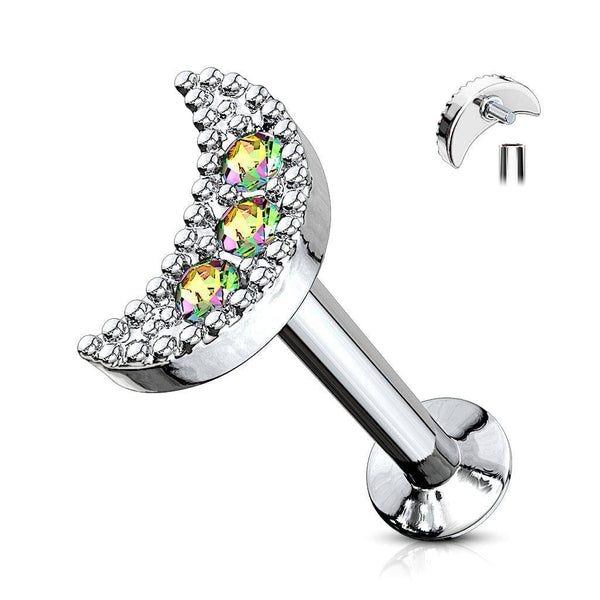 316L Surgical Steel Internally Threaded Aurora Borealis CZ Moon Crescent Labret - Pierced Universe