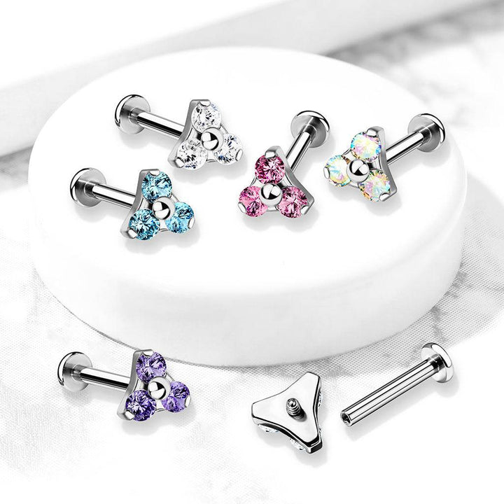 316L Surgical Steel Internally Threaded Aurora Borealis Triangle CZ Labret - Pierced Universe