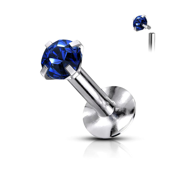 316L Surgical Steel Internally Threaded Aqua Circle Prong CZ Flat Back Labret Stud