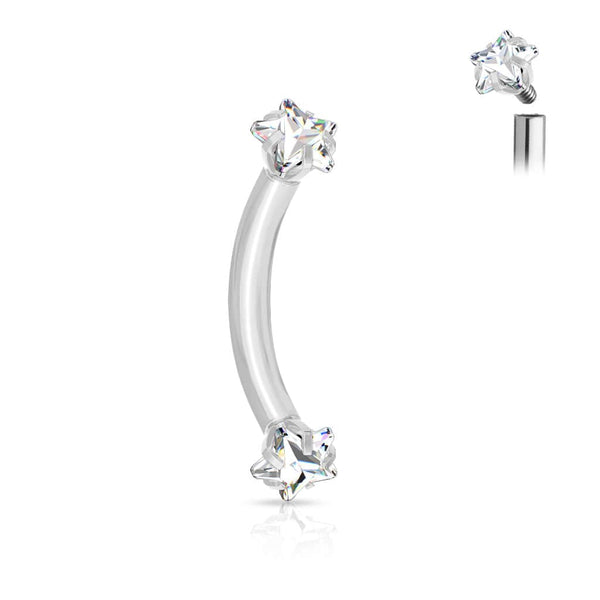 316L Surgical Steel Internally Threaded Double White CZ Star Curved Barbell - Pierced Universe