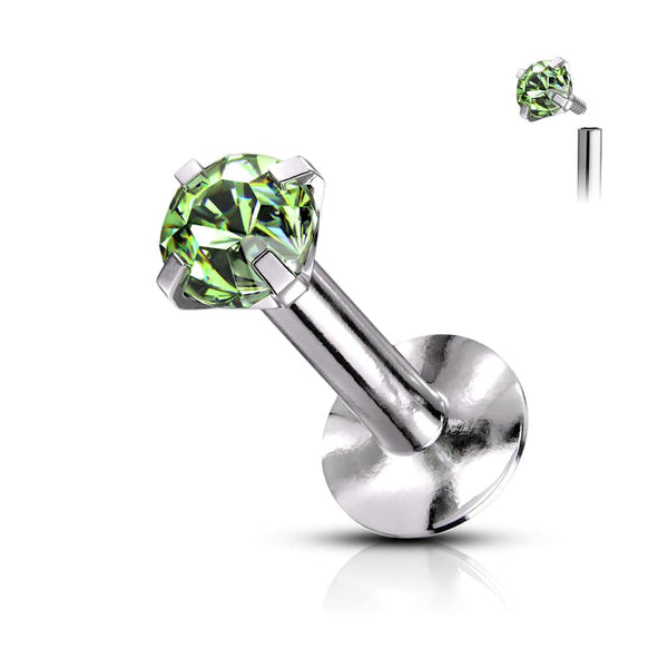 316L Surgical Steel Internally Threaded Green Circle Prong CZ Flat Back Labret Stud - Pierced Universe