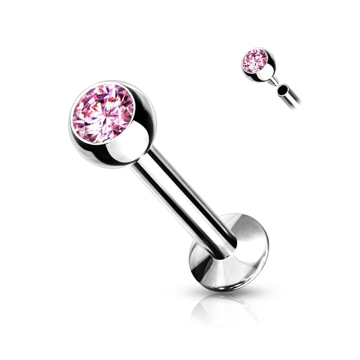 316L Surgical Steel Internally Threaded Pink CZ Labret Flat Back - Pierced Universe