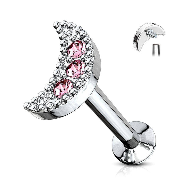 316L Surgical Steel Internally Threaded Pink CZ Moon Crescent Labret - Pierced Universe