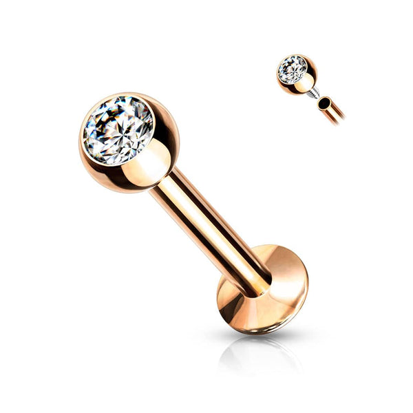 316L Surgical Steel Internally Threaded Rose Gold PVD White CZ Labret Flat Back - Pierced Universe