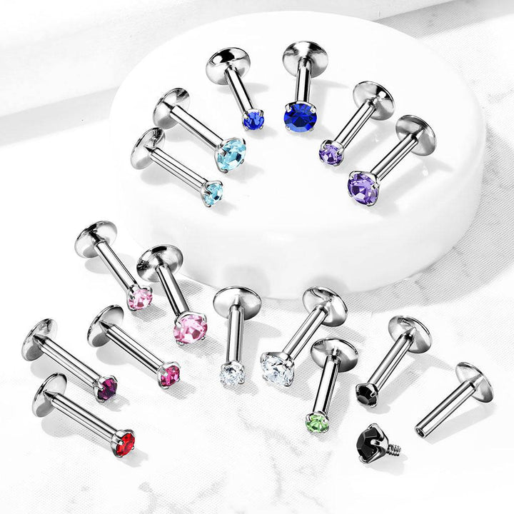 316L Surgical Steel Internally Threaded White Circle Prong CZ Flat Back Labret Stud - Pierced Universe