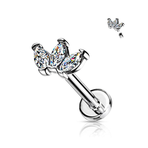 316L Surgical Steel Internally Threaded White CZ Marquise Flat Back Labret - Pierced Universe