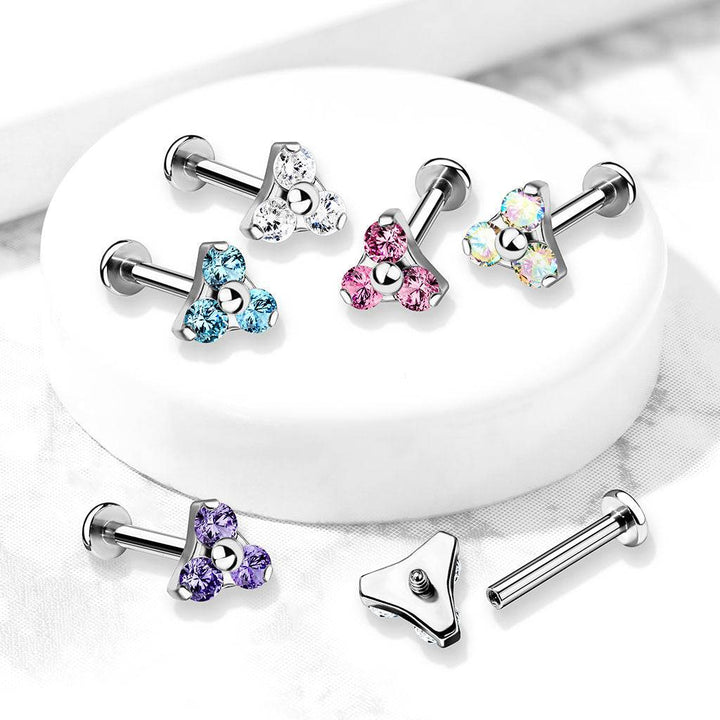 316L Surgical Steel Internally Threaded White Triangle CZ Labret - Pierced Universe