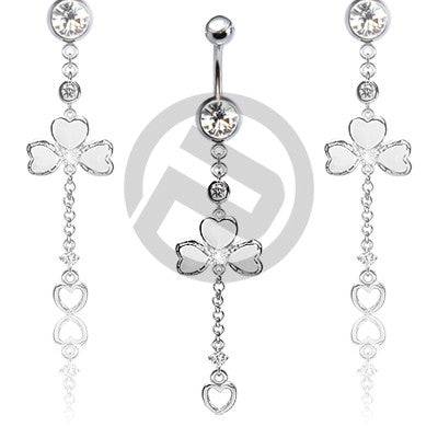 316L Surgical Steel Irish 3 Leaf Clover with Floating Heart Dangle Belly Ring - Pierced Universe