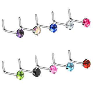 Nose Stud Rose Gold Clear Gem L-Shape Pin Straight Piercing 1.5mm