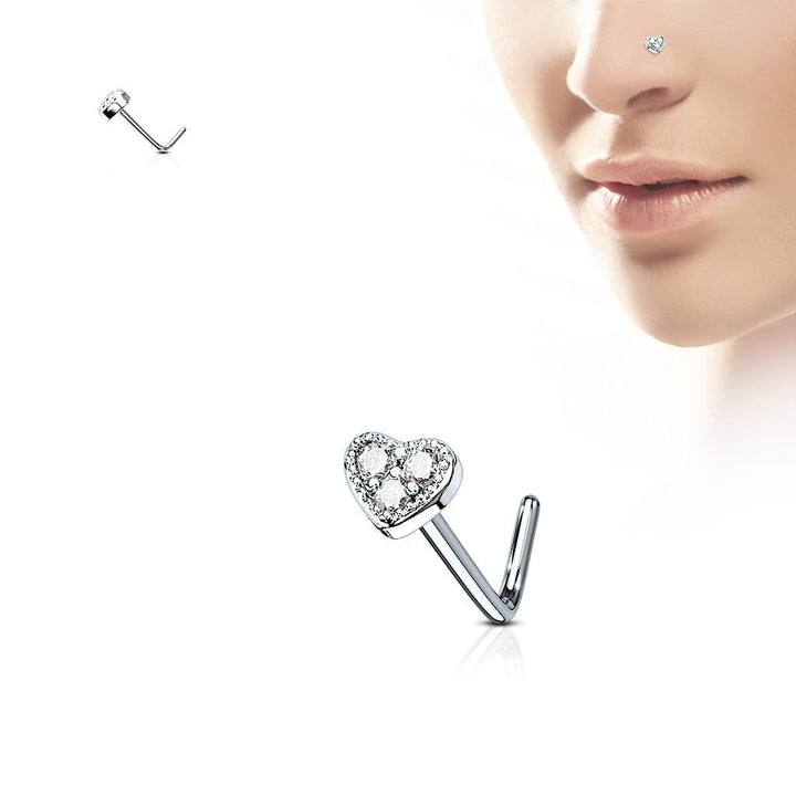 316L Surgical Steel L Shape 3 Gem White Heart Nose Stud - Pierced Universe