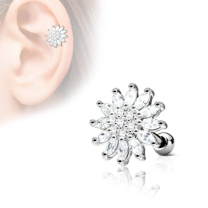 316L Surgical Steel Large Flower White CZ Cartilage Helix Barbell - Pierced Universe