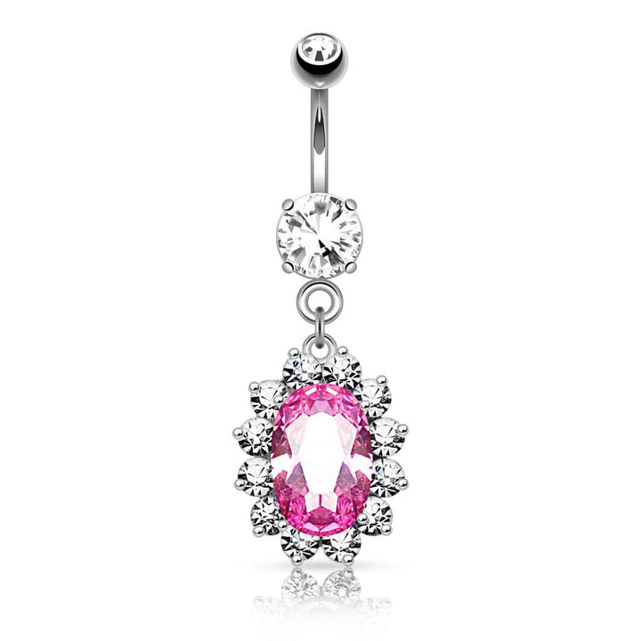 316L Surgical Steel Large Pink Oval Gem Flower Belly Button Ring - Pierced Universe