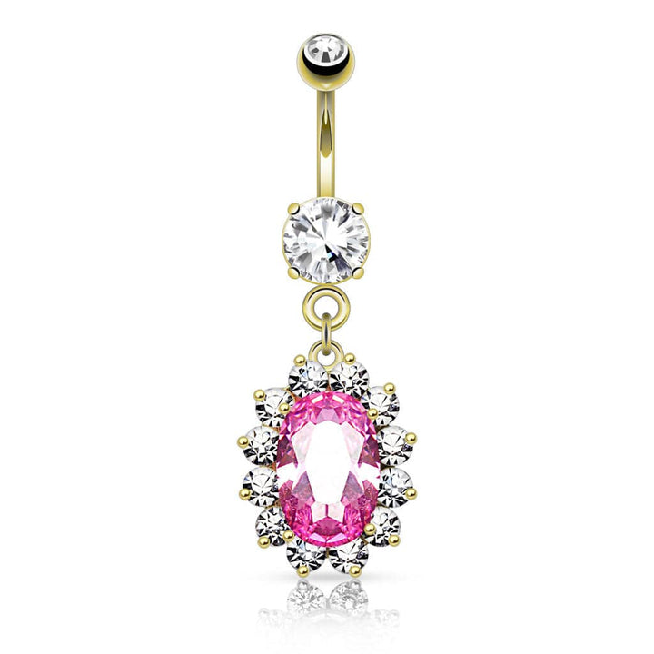 316L Surgical Steel Large Pink Oval Gem Flower Belly Button Ring - Pierced Universe