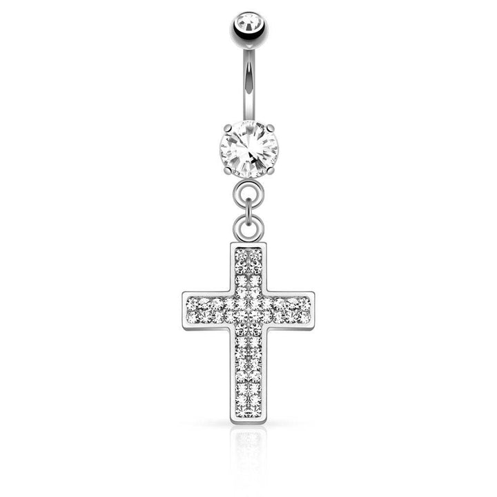 316L Surgical Steel Micro Paved CZ Jesus Crucifix Cross Dangle Belly Ring - Pierced Universe