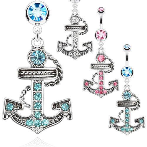 316L Surgical Steel Multi Gem Anchor Belly Button Navel Ring - Pierced Universe