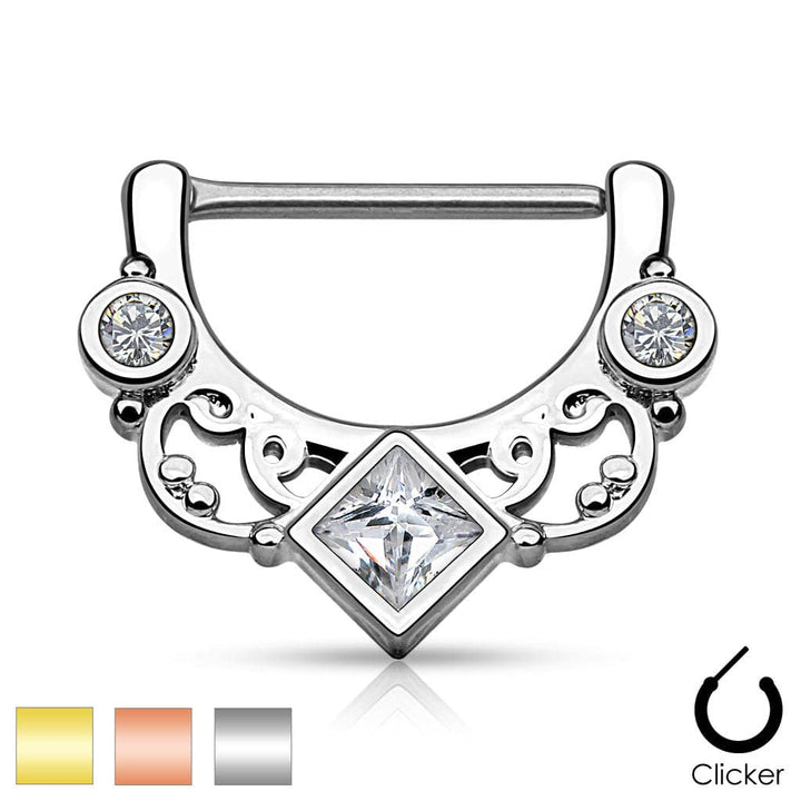 316L Surgical Steel Nipple Clicker Ring Floral White CZ Square Center Gem - Pierced Universe