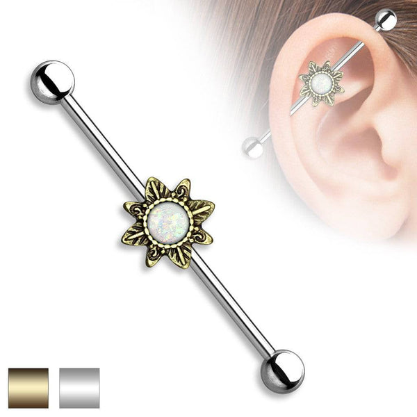 316L Surgical Steel Opal Glitter Flower Tribal Boho Industrial Barbell - Pierced Universe
