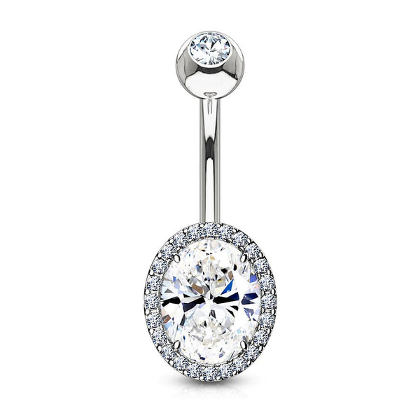 316L Surgical Steel Oval Pave White CZ Belly Ring - Pierced Universe