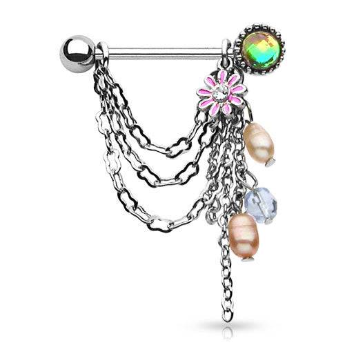 316L Surgical Steel Pearl and Flower Beads Art Dangle Nipple Ring Barbell - Pierced Universe