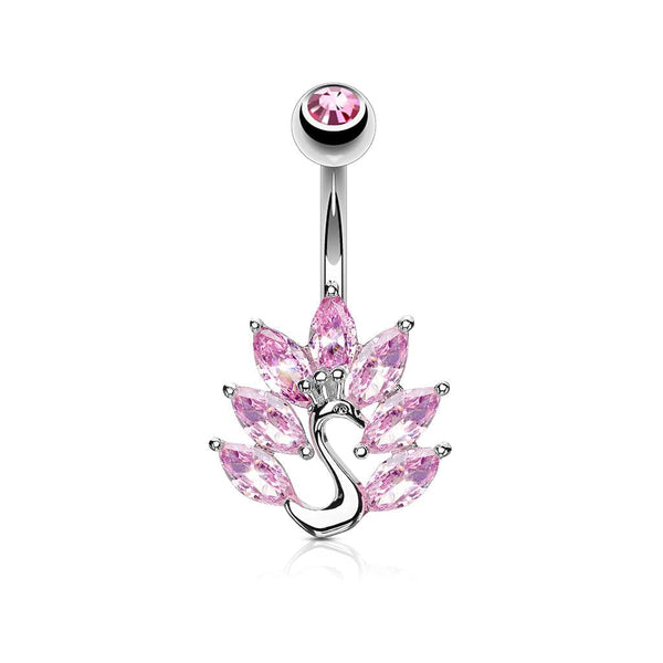 316L Surgical Steel Pink CZ Peacock Belly Ring - Pierced Universe