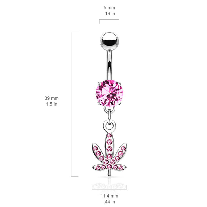 316L Surgical Steel Pink CZ Weed Leaf Dangle Belly Ring - Pierced Universe