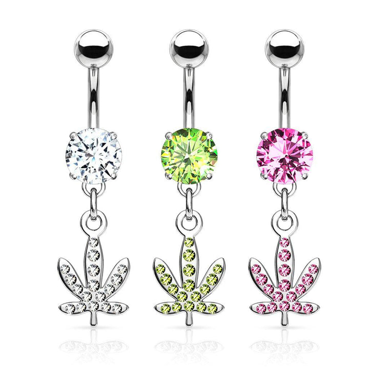 316L Surgical Steel Pink CZ Weed Leaf Dangle Belly Ring - Pierced Universe