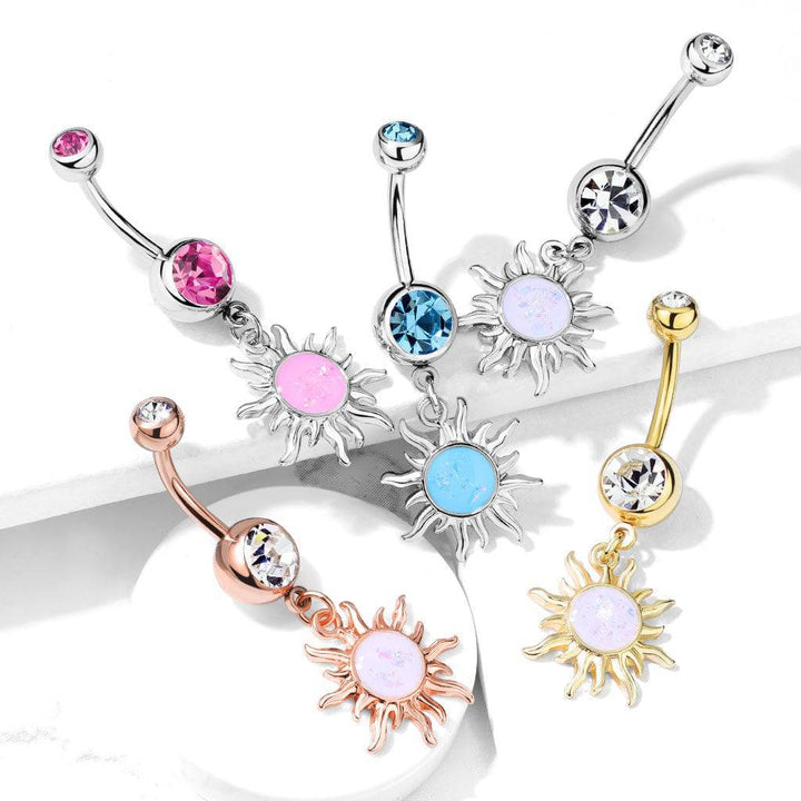 316L Surgical Steel Pink Glitter Opal Tribal Sun Belly Button Ring - Pierced Universe