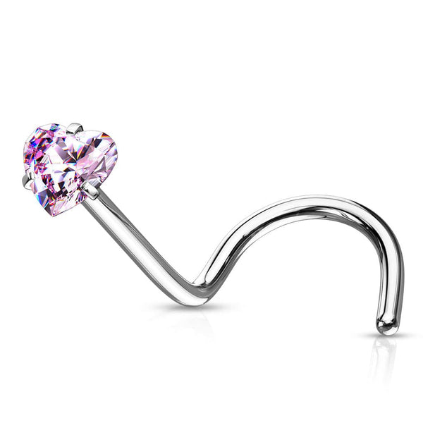 316L Surgical Steel Pink Heart CZ Corkscrew Nose Pin Ring - Pierced Universe