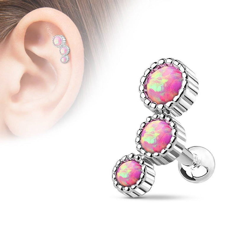 316L Surgical Steel Pink Opal 3 Gem Cartilage Ring - Pierced Universe