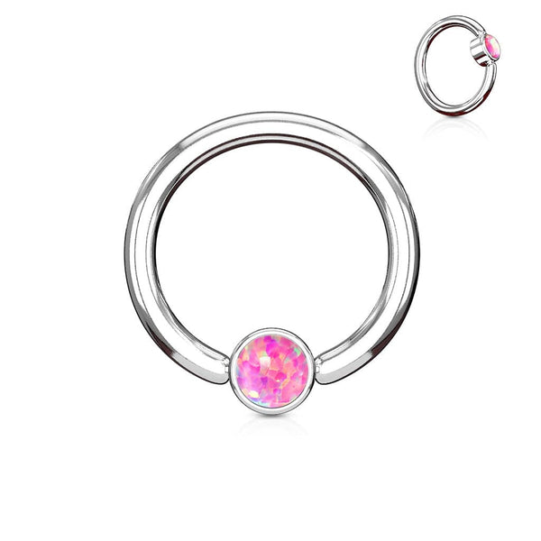316L Surgical Steel Pink Opal Flat Disk Captive Bead Ring Hoop Ring - Pierced Universe